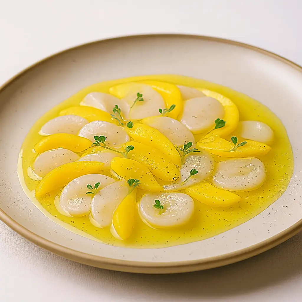 Carpaccio de vieiras y mango con aceite de vainilla