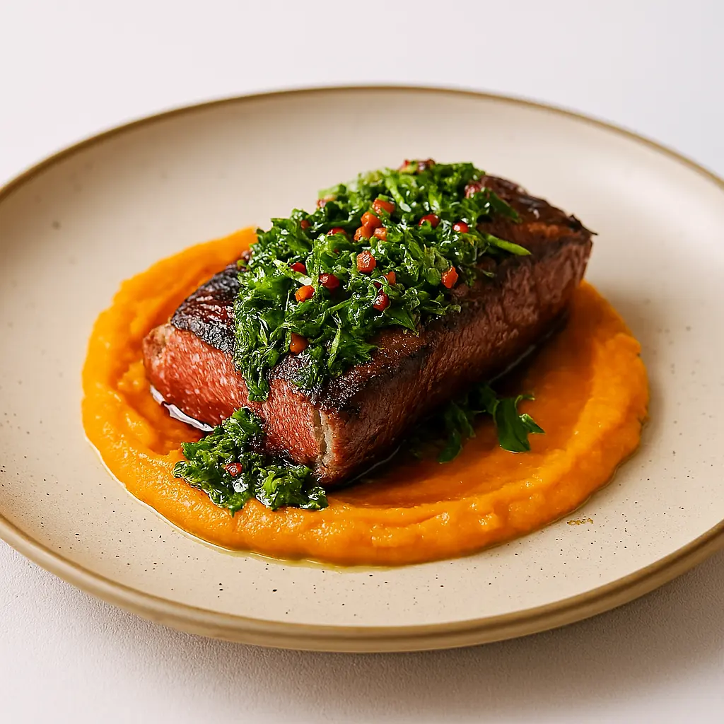 Presa ibérica con chimichurri de hierbas frescas y puré de boniato