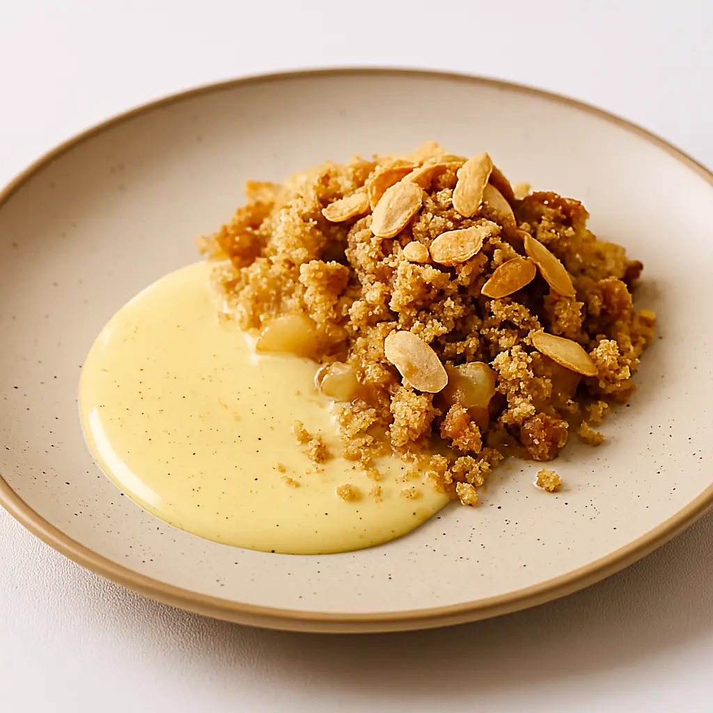 Crumble de manzana con crema inglesa y almendra tostada